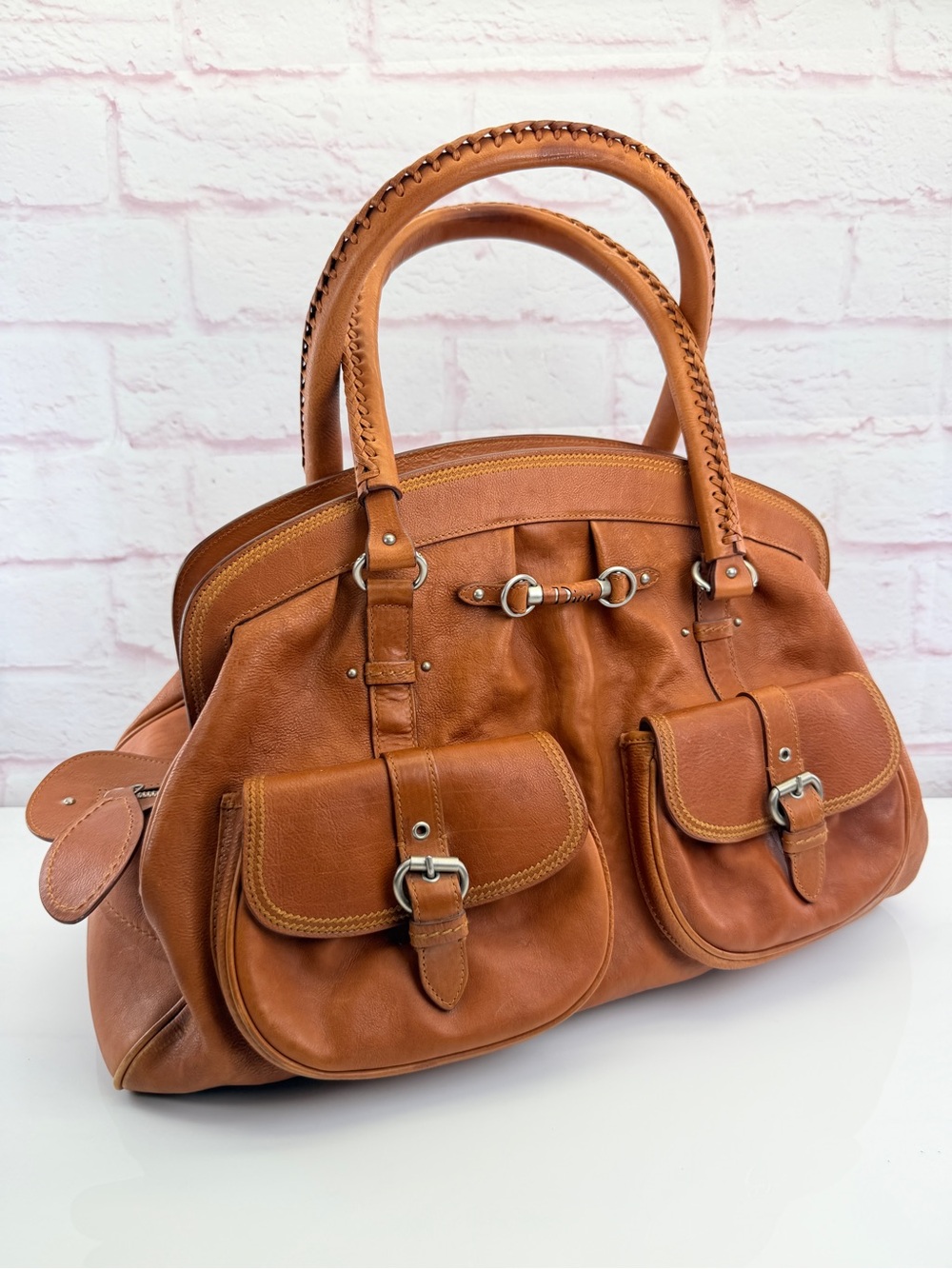 Dior Calfskin My Dior Frame Double Pocket Satchel Brown
